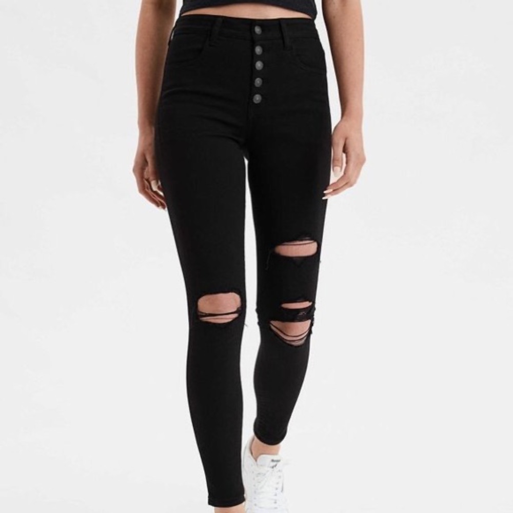 🦅 American Eagle Nxt Level Stretch High Rise Black Size 24 Distressed Jegg…